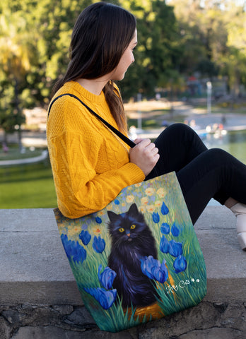 Cute Black Cat Among Irises, Designer Tote Bag