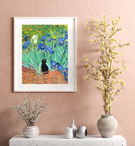 Van Gogh Irises with Cute Black Cat, Printed Satin Poster