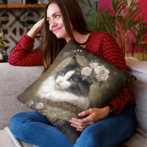 Victorian Cat with Roses, Art Print Spun Polyester Square Pillow