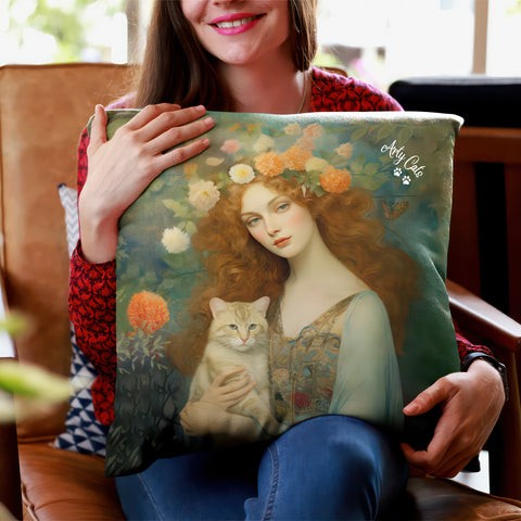 Blooming Serenity, Woman and The Cat, Cat Lover Gift, Unique Art Print Spun Polyester Square Pillow