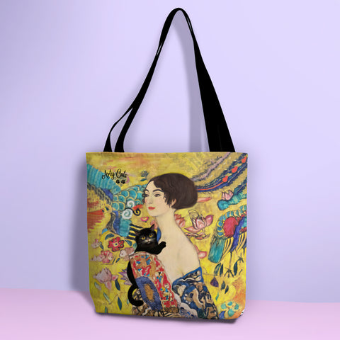 Lady With Fan and Cat, Vintage Gustav Klimt Art Print, All Purpose Designer Tote Bag