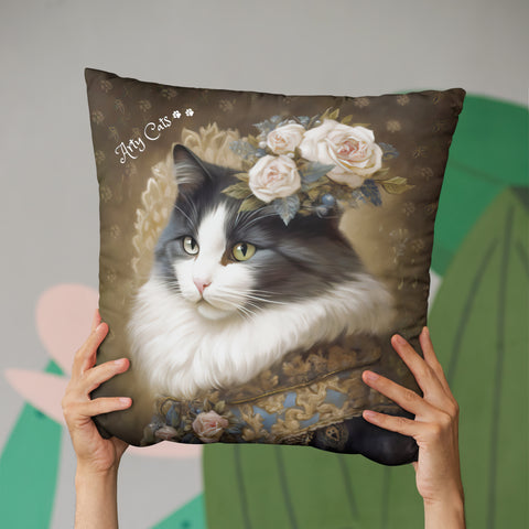 Victorian Cat with Roses, Art Print Spun Polyester Square Pillow