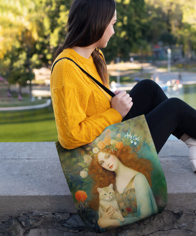 Blooming Serenity, Woman With Her Cat. All Purpose Designer Tote Bag