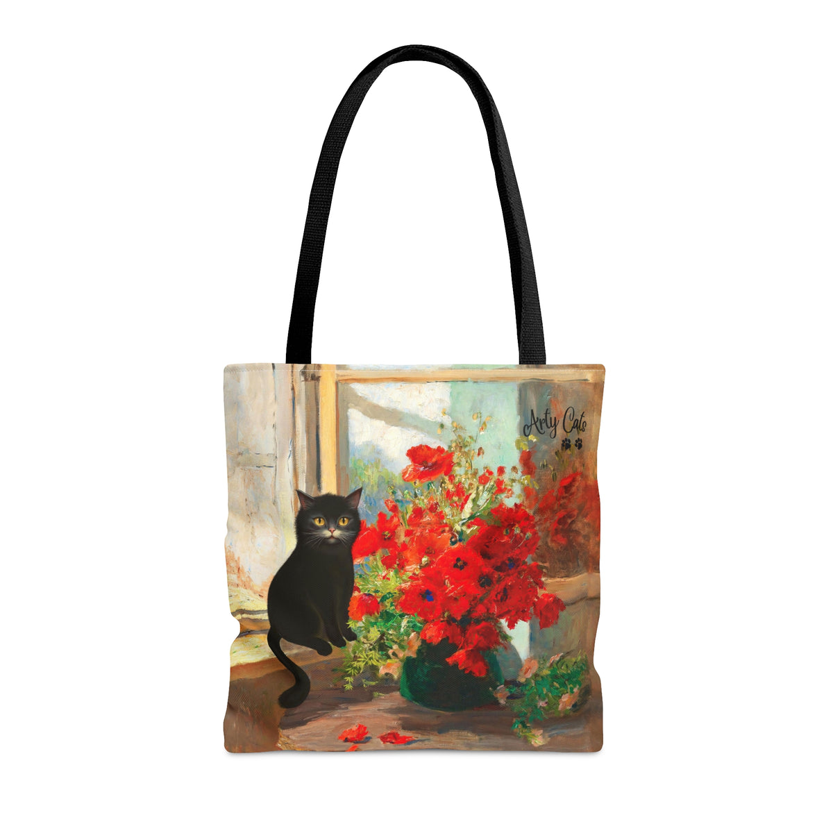 Cat with Bouquet of Poppies, All Purpose Designer Tote Bag