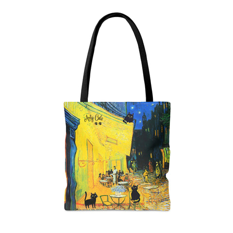 Vincent Van Gogh's Cafe Terrace at Night with 3 Black Cats, All Purpose Designer Tote Bag