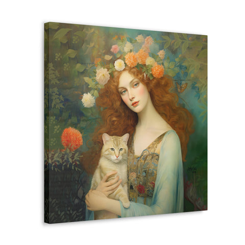 Blooming Serenity, Woman and The Cat Painting, Canvas Gallery Wraps