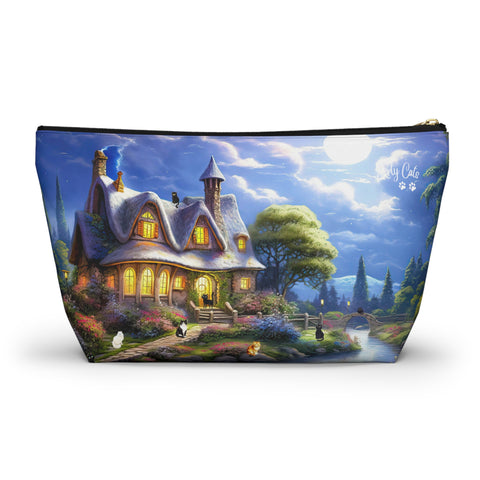 Moonlit Serenade at the Riverside Cottage, Cat Art , All purpose Accessory Pouch