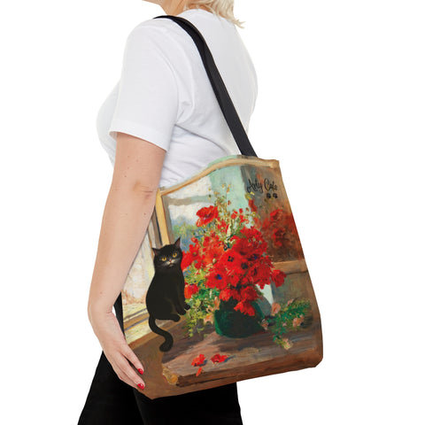 Cat with Bouquet of Poppies, All Purpose Designer Tote Bag