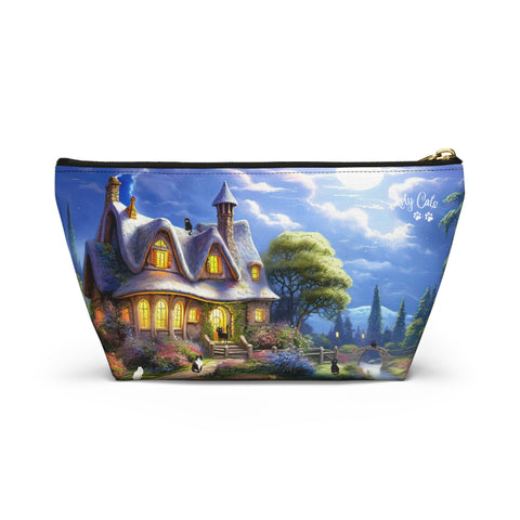 Moonlit Serenade at the Riverside Cottage, Cat Art , All purpose Accessory Pouch