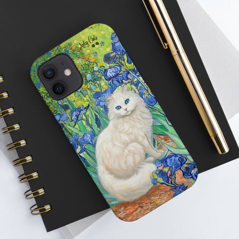 White Cat With Van Gogh Irises, Cat iPhone case, Tough Phone Cases