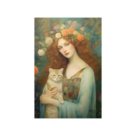 Blooming Serenity, Woman and The Cat Painting, Unframed Printed Art Poster