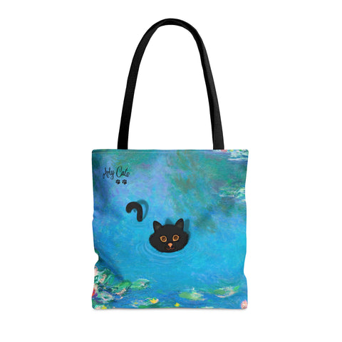 Swimming Cat in the Monet Water Lily Pond, All Purpose Designer Tote Bag