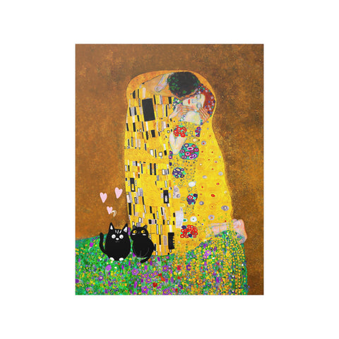 Gustav Klimt The Kiss, Love Cats Print, Unframed Printed Satin Poster