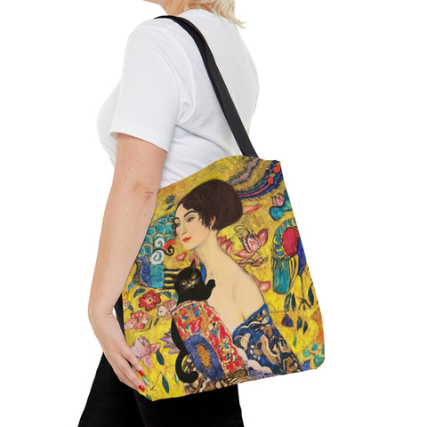 Lady With Fan and Cat, Vintage Gustav Klimt Art Print, All Purpose Designer Tote Bag