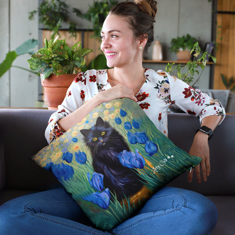 Cute Black Cat Among Irises, Art Print Cushion Pillow