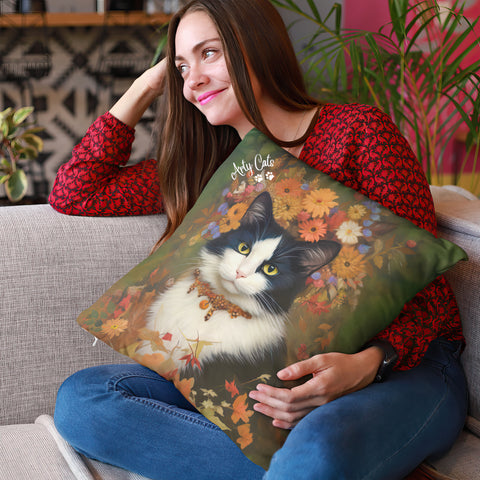 The Woodland Cat, Art Print Spun Polyester Square Pillow