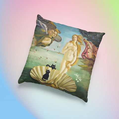 The Birth of Venus with two Black Cats, Botticelli Art Print Spun Polyester Square Pillow