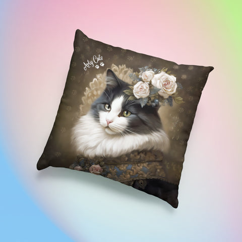 Victorian Cat with Roses, Art Print Spun Polyester Square Pillow