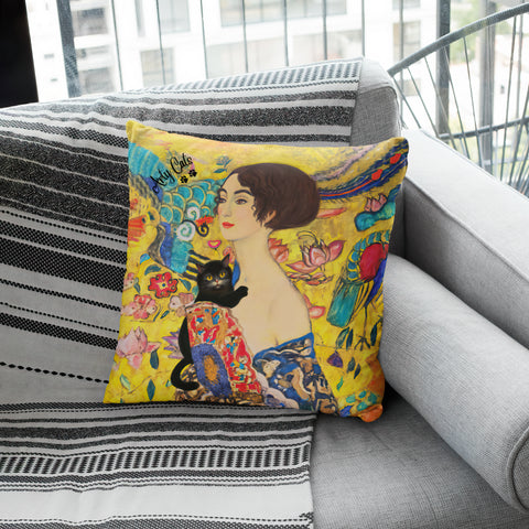 Lady With Fan and Cat, Vintage Gustav Klimt Art Print Spun Polyester Square Pillow