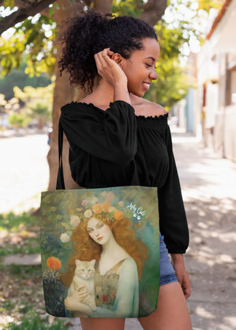 Blooming Serenity, Woman With Her Cat. All Purpose Designer Tote Bag