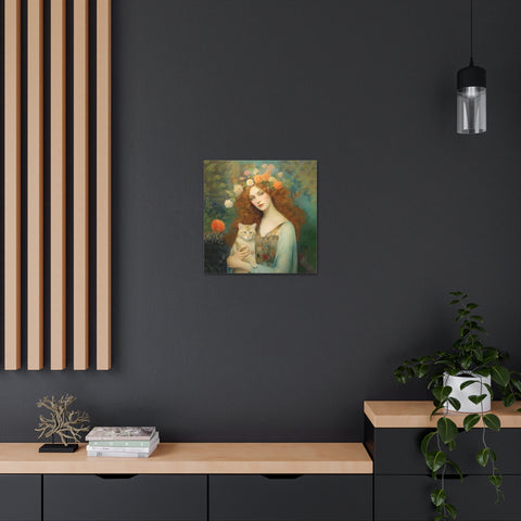 Blooming Serenity, Woman and The Cat Painting, Canvas Gallery Wraps