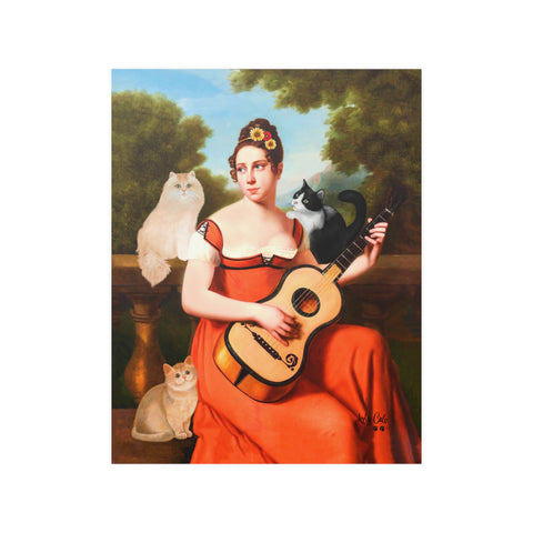 Music Lover Cats, Guitar Player and Her Cats, Unframed Printed Poster