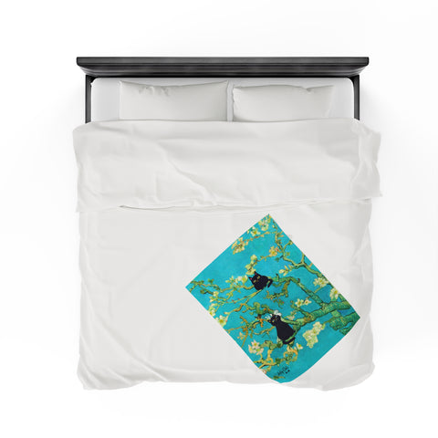 Van Gogh Almond Blossoms With Two Black Cats, Velveteen Plush Blanket