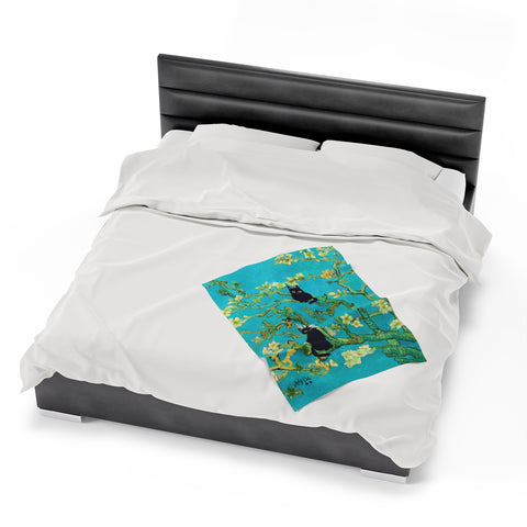 Van Gogh Almond Blossoms With Two Black Cats, Velveteen Plush Blanket