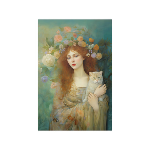 Spring's Fairy Tale, Enchanting Fairy with Her Cat, Unframed Printed Satin Poster