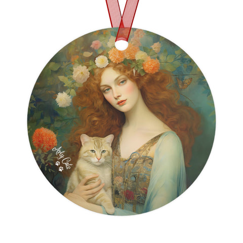 Blooming Serenity, Woman With the Cat, Christmas Metal Ornaments