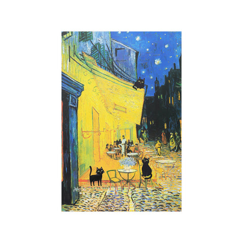 Vincent Van Gogh's Cafe Terrace at Night with 3 Black Cats Poster, Unframed Satin Poster