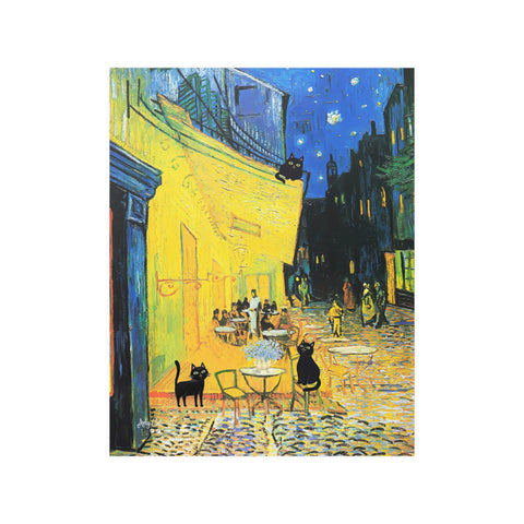 Vincent Van Gogh's Cafe Terrace at Night with 3 Black Cats Poster, Unframed Satin Poster