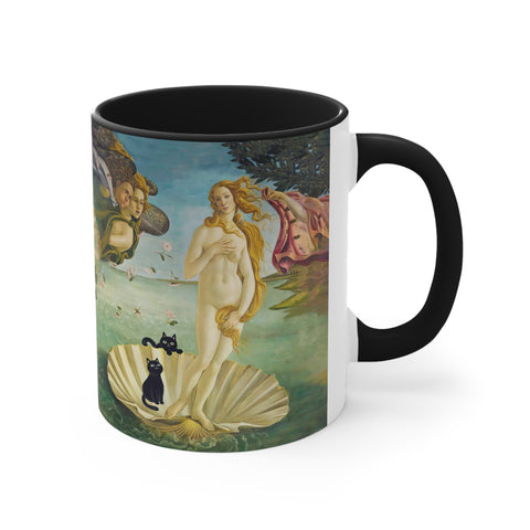 The Birth of Venus with two Black Cats, Botticelli Art Printed, Accent Coffee Mug, 11oz