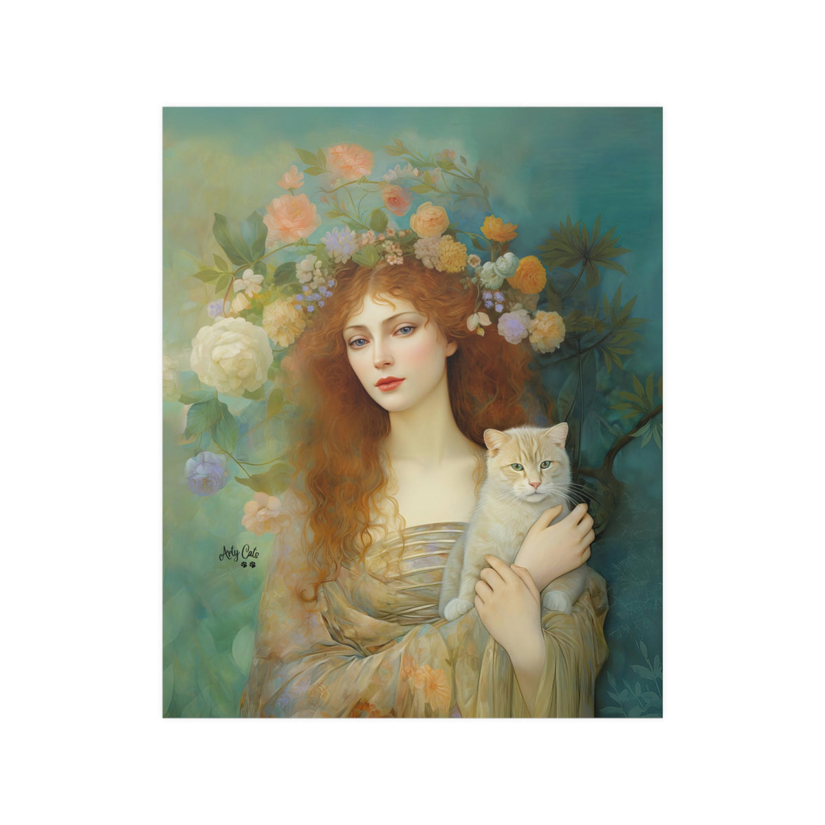 Spring's Fairy Tale, Enchanting Fairy with Her Cat, Unframed Printed Satin Poster