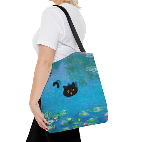 Swimming Cat in the Monet Water Lily Pond, All Purpose Designer Tote Bag