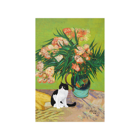 Van Gogh Oleanders Cat Print, Black & White Cat Print, Unframed Satin Poster