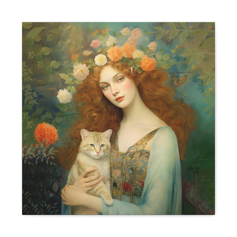 Blooming Serenity, Woman and The Cat Painting, Canvas Gallery Wraps