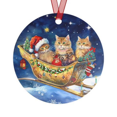 Cat Cheers Express in the Starry Night, Christmas Metal Ornaments