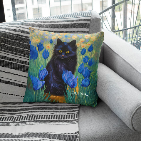 Cute Black Cat Among Irises, Art Print Cushion Pillow