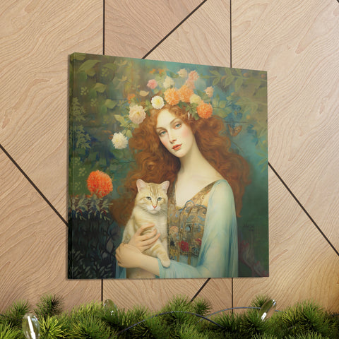 Blooming Serenity, Woman and The Cat Painting, Canvas Gallery Wraps