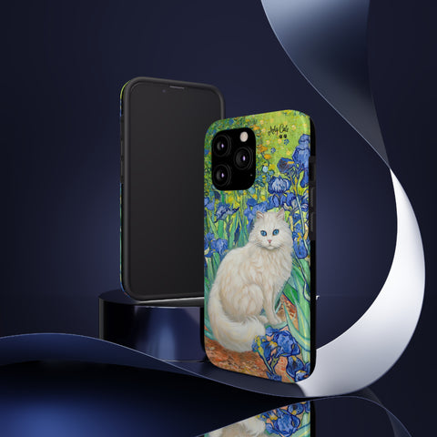 White Cat With Van Gogh Irises, Cat iPhone case, Tough Phone Cases