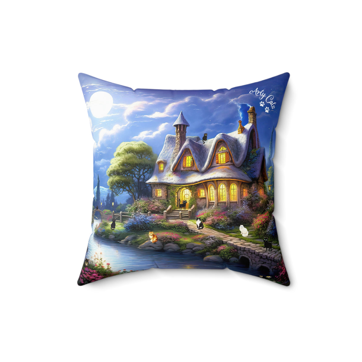 Moonlit Serenade at the Riverside Cottage, Cat Art, Spun Polyester Square Pillow