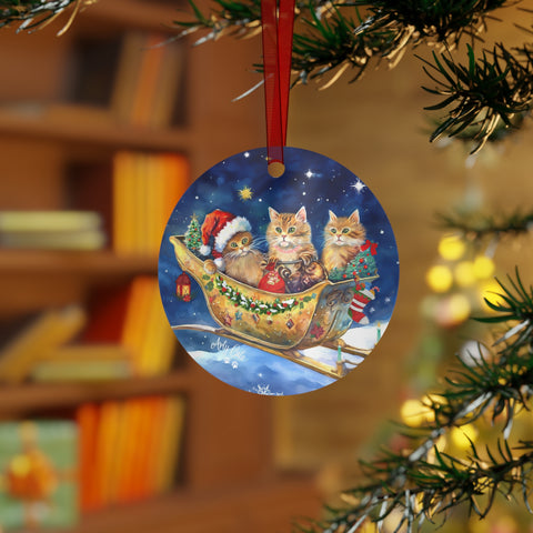 Cat Cheers Express in the Starry Night, Christmas Metal Ornaments