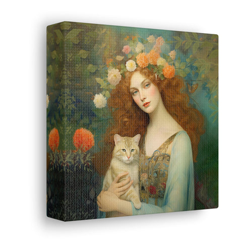 Blooming Serenity, Woman and The Cat Painting, Canvas Gallery Wraps