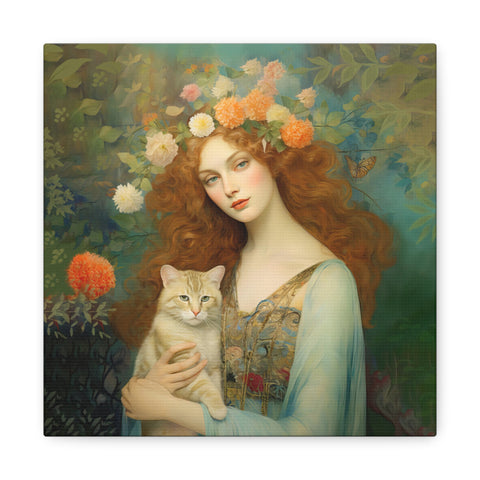 Blooming Serenity, Woman and The Cat Painting, Canvas Gallery Wraps