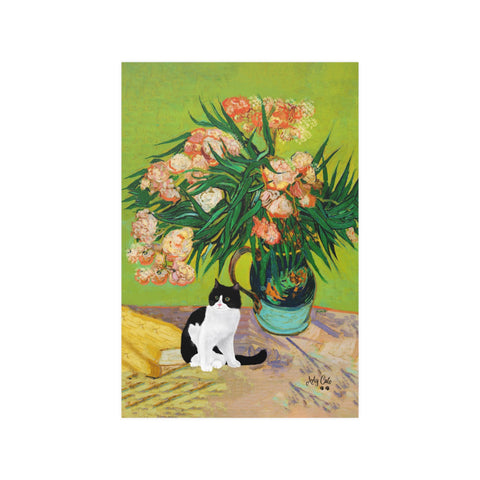 Van Gogh Oleanders Cat Print, Black & White Cat Print, Unframed Satin Poster