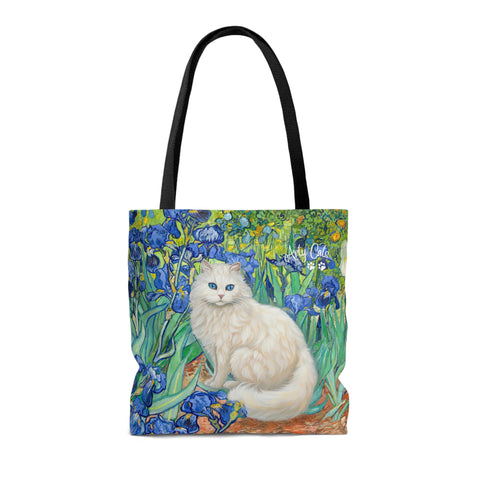 White Cat With Van Gogh Irises, All Purpose Designer Tote Bag