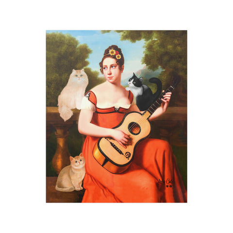 Music Lover Cats, Guitar Player and Her Cats, Unframed Printed Poster