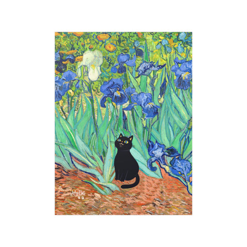 Van Gogh Irises with Cute Black Cat, Printed Satin Poster