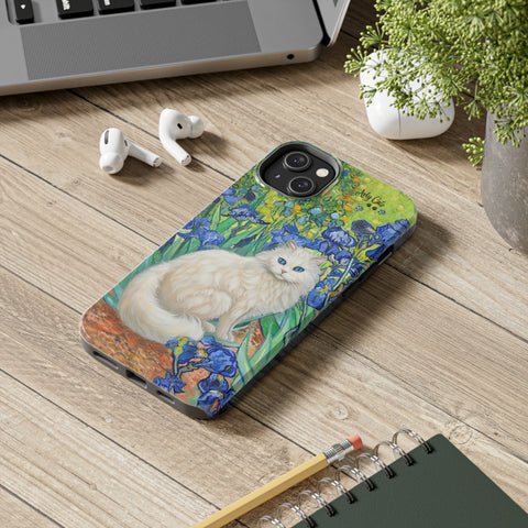 White Cat With Van Gogh Irises, Cat iPhone case, Tough Phone Cases